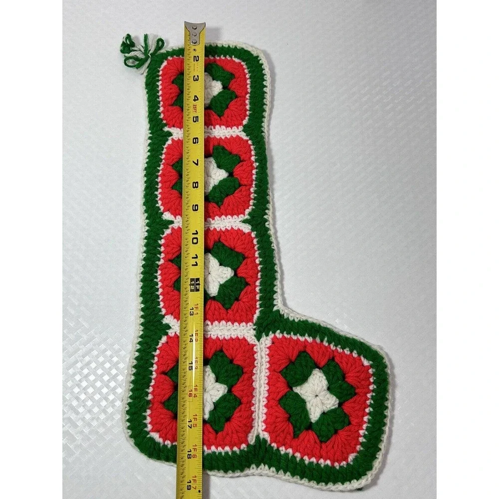 Granny Square Crochet‎ Christmas Stocking Red Green 18” Vtg Hand Made Crafted